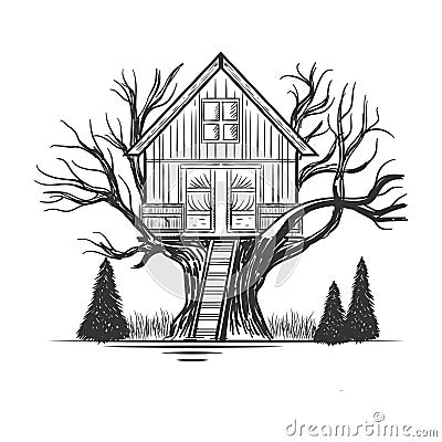 Vintage Oak Tree Cabin Cottage Chalet Lodge House Illustration Vector Illustration