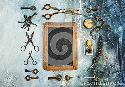 Vintage objects Creative flat lay chalkboard Stock Photo