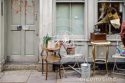 Vintage objetcs on sale in Brick Lane street Editorial Stock Photo