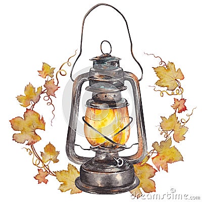 Vintage oil lantern with autumn grape leaf wreath. Cartoon Illustration