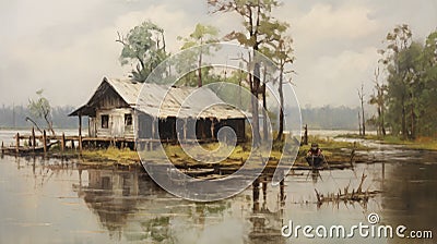 Vintage Oil Painting Of A Boat House In A Mangrove Forest Stock Photo