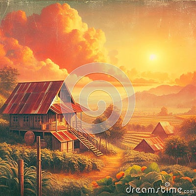 Vintage oil painting of small farm house with beautiful view of a local fruits farm, retro sunset, fluffy clouds, nature scene Stock Photo