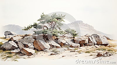 Vintage Oil Painting of a Tree in a Hyperrealistic Tundra Landscape Stock Photo