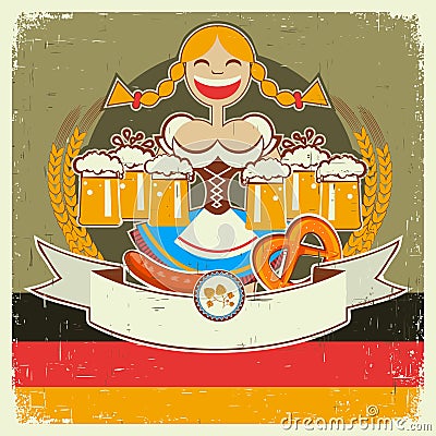 Vintage oktoberfest poster label with girl and bee Vector Illustration