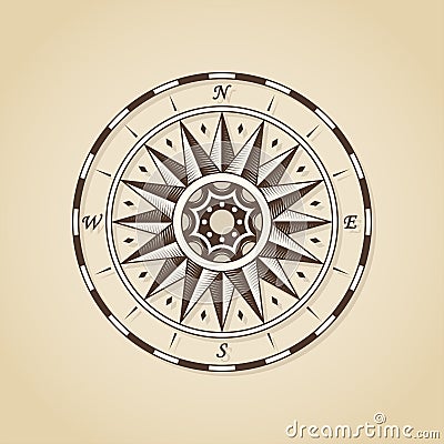 Vintage old antique nautical compass rose. Vector Illustration