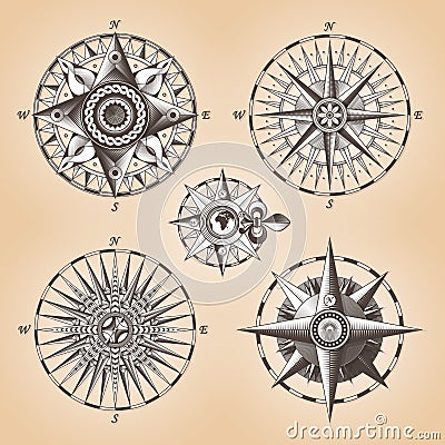 Vintage old antique nautical compass rose Vector Illustration