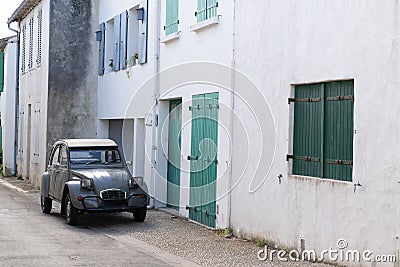 Vintage old car in classic street in Saint Martin de Re in France Island Stock Photo