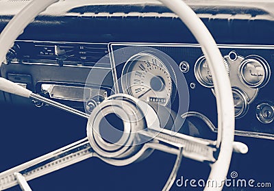 Vintage car steering wheel and dashboard Stock Photo