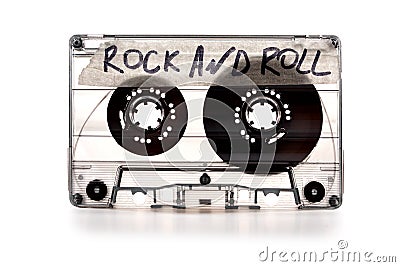 vintage old film music cassette isolated on white background with the inscription rock and roll, background music, music Stock Photo