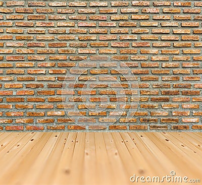 Vintage old grunge brick wall pine wood floor room architecture Stock Photo