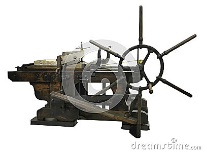 Vintage old letterpress printing manual machine isolated on whit Stock Photo