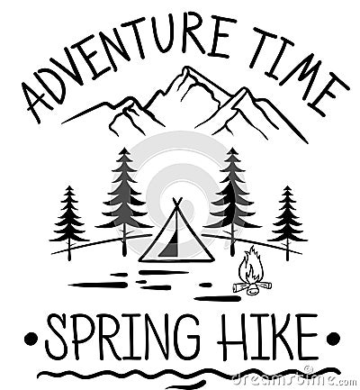 Vintage old logo or badge, label engraved and old hand drawn style with lettering camping and mountains. Vector Illustration