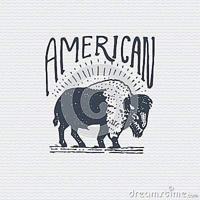 Vintage old logo or badge, label engraved and old hand drawn style with wild american buffalo bull Vector Illustration