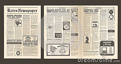 Vintage old newspaper full page, retro spread pages. Retro newsprint page, editorial news and ad posters newspaper Vector Illustration