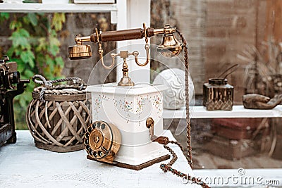 Vintage old phone in shabby chic interior Stock Photo
