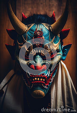 Old traditional Japanese evil face mask Stock Photo