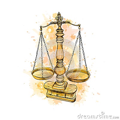 Vintage old scale, Law scales from a splash of watercolor, hand drawn sketch. Symbol of justice Vector Illustration