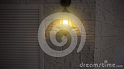 Vintage Old Street Classic Iron Lantern On The House Wall, Close Up Stock Photo
