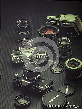 Vintage Olympus OM2n and OM2 spot 35mm Film camera studio shot Editorial Stock Photo