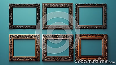 Vintage openwork bronze metal frame on a blue wall background, empty picture frame mockup Stock Photo