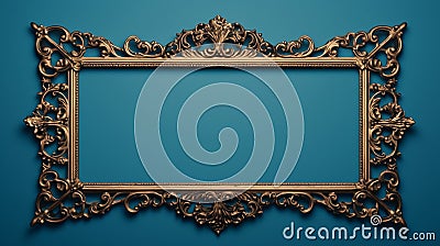 Vintage openwork bronze metal frame on a blue wall background, empty picture frame mockup Stock Photo