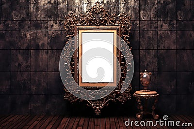 Vintage openwork bronze metal frame on a old wall background. Photo frame mockup Stock Photo