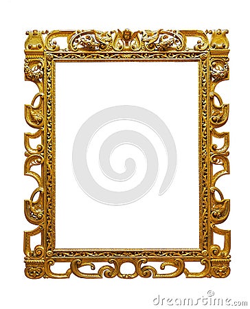 Vintage openwork gold plated wooden frame on white background Stock Photo