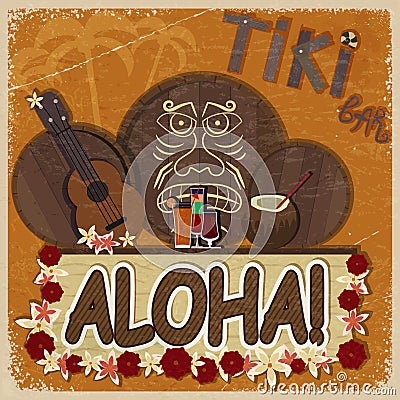 Vintage orange card - signboard tiki bar -with the image ukulele Vector Illustration