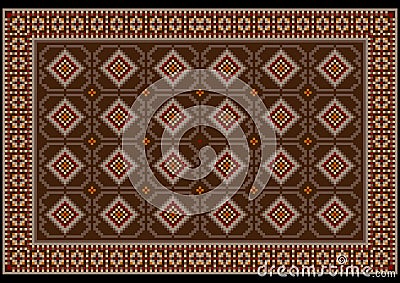 Vintage oriental carpet in brown and beige tones with burgundy, yellow and gray patterns on a black background Vector Illustration