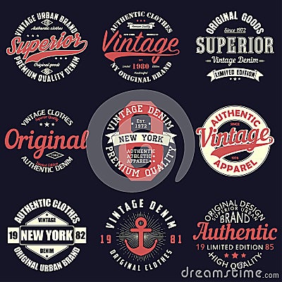 Vintage original typography set. Retro print for t-shirt design. Graphics for authentic apparel. Collection of tee shirt badge. Vector Illustration