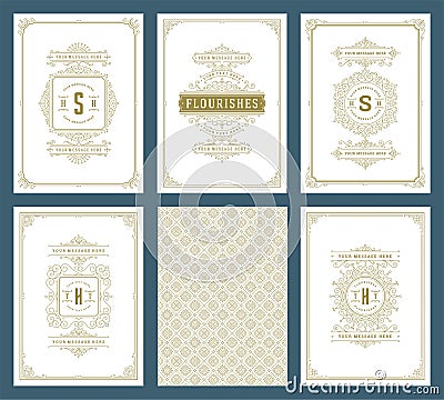 Vintage ornament greeting cards set vector templates. Flourishes ornamental frames and pattern background Vector Illustration