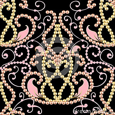 Vintage ornamental 3d pearl necklace Damask vector seamless pattern. Jewelry hand drawn paisley ornament. Elegance flowers, leaves Vector Illustration