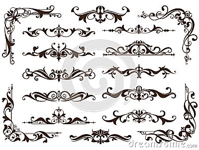 Vintage ornaments design elements floral curlicues white background curbs frame corners stickers. Borders, monograms and dividers Vector Illustration