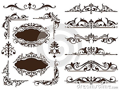 Vintage ornaments design elements floral curlicues white background curbs frame corners stickers. Borders, monograms and dividers Vector Illustration