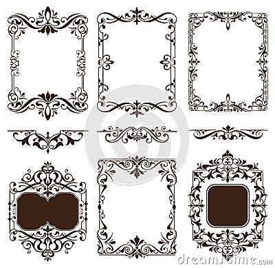 Vintage ornaments design elements floral curlicues white background curbs frame corners stickers Vector Illustration