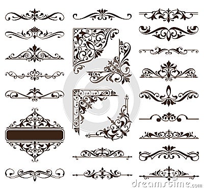 Vintage ornaments design elements floral curlicues white background curbs frame corners stickers Vector Illustration