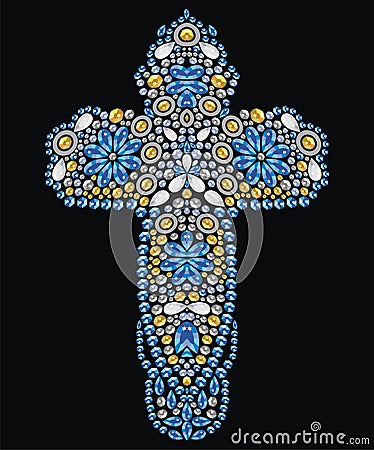 Vintage Ornate Christian Cross from sapphire and gold brilliant stones, small beautiful flowers, rhinestone applique Vector Illustration