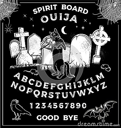 Vintage Ouija Board with Halloween Cat Playing Violin Poster. Occultism Set. Vector Illustration Stock Photo