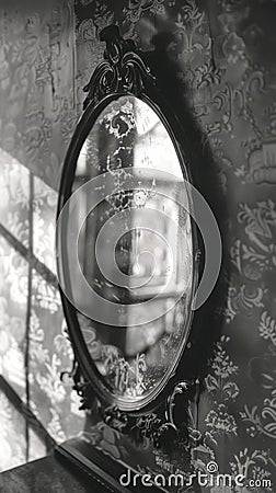 Vintage oval mirror in an ornate frame against a patterned wallpaper Stock Photo