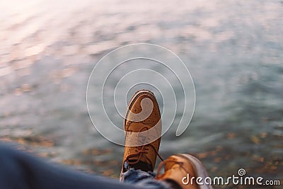 Vintage oxford brown shoes relaxing seaside during the sunshine Stock Photo