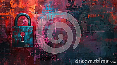 Vintage padlock on abstract dark red texture background, secure computer information. Theme of lock, protection, data, privacy, Stock Photo
