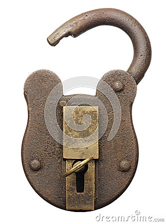 Antique padlock opened with key isolated on white Stock Photo