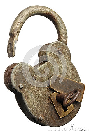 Antique padlock opened with key isolated on white Stock Photo