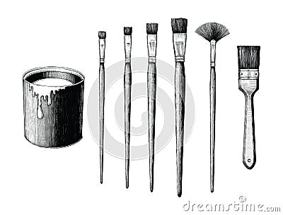 Vintage paint brushes set and paint can hand drawing clip art is Vector Illustration