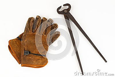 Vintage Pair Of Cutting Nippers Pliers and Work Gloves Stock Photo