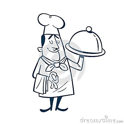 Vintage style clip art inspired by mid-century illustrations - Chef Holding a Plate with a Cloche. Vector Illustration