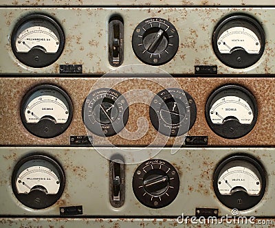 Vintage Panel with Electronic Display Meters and Dials Stock Photo