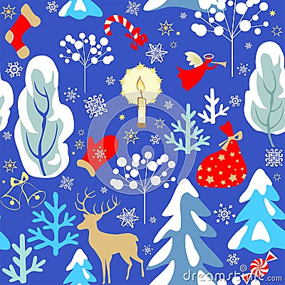 Vintage paper blue seamless background with Christmas pattern with snowy firs, trees, reindeer, angel, candle, candy, sock, mitten Vector Illustration