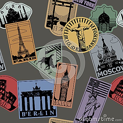 Vintage paper color landmarks travel labels seamless pattern background Vector Illustration