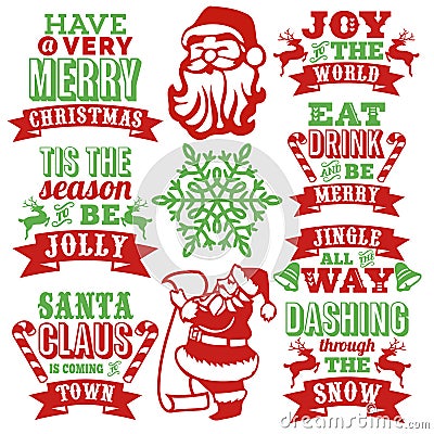 Vintage Paper Cut Christmas Word Art Set Vector Illustration